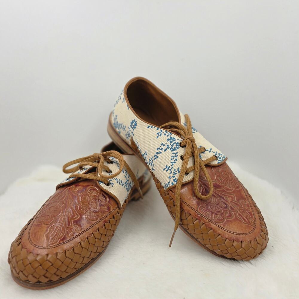 Laidback London Tooled & Woven Leather Printed Fabric Upper Oxford Shoe 38/7.5